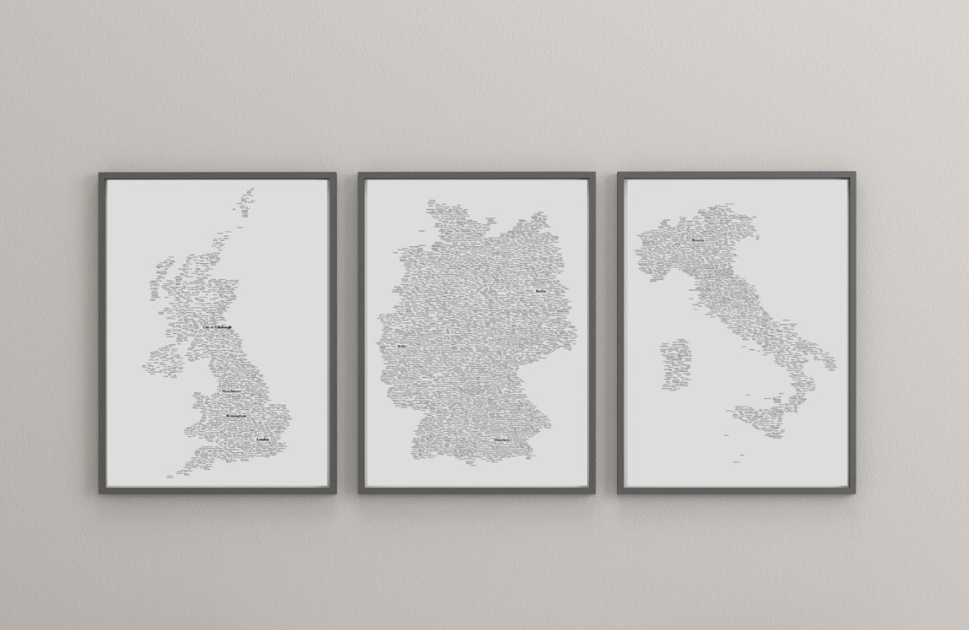 Des cartes typographiques de pays composées de noms de villes